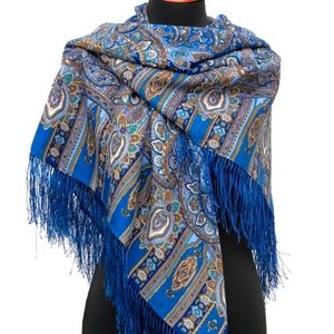 🫦NWT Russian Pavlovo Posad Scarf 100% Wool fabric with silk fringe " Sadko"